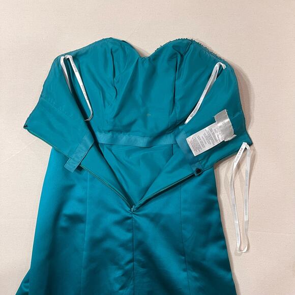 David's Bridal Satin A Line Draped Gown Beaded Neckline Strapless Turquoise - Picture 11 of 13